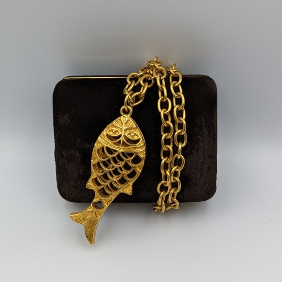 Statement Gold Tone Mid-Century Modern Fish Pendant 2.5" on a Long Chain 32' - Picture 5 of 10